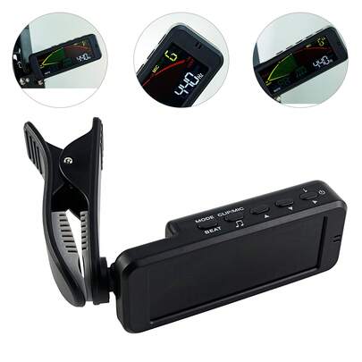 Metrónomo afinador digital profesional para guitarra, violín, bajo y ukelele. Modo de temperamento igual de 12 tonos, pantalla a color grande y doble pastilla (vibración con clip y micrófono) para una afinación precisa.