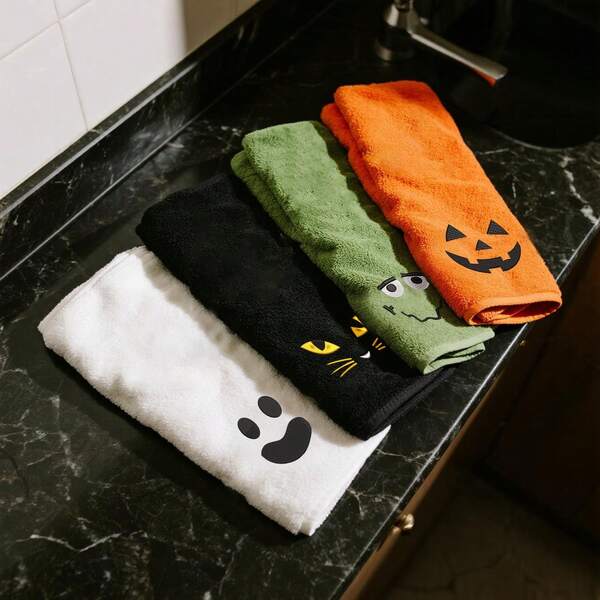 1 peça, 35x75cm Toalha de Mão de Microfibra Preta do Dia dos Mortos de Halloween com Bordado de Gato, Abóbora e Fantasma, Padrão Macio e Altamente Absorvente, Decoração Perfeita para Banheiro, Cozinha, Presente, Toalhas de Banho para Salão de Beleza, Hotel, Esportes, Essenciais Domésticos