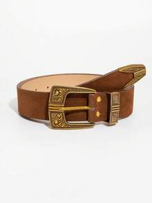 1 件咖啡色西式雕刻花卉图案绒面革女士休闲腰带，秋冬 - 棕色 - 查看 5