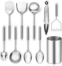 E-Far Cooking Utensils Set, 10-Piece Stainless Steel Kitchen Utensils With Holder, Metal Heat Resistant Kitchen Cookware Tool Spatula Set For Cooking, Easy Clean & Dishwasher