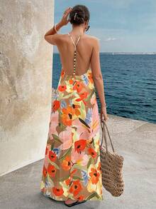 Standard Size Beaded Back Floral Print Slip Dress Party Summer Elegant - Multicolor - View 4