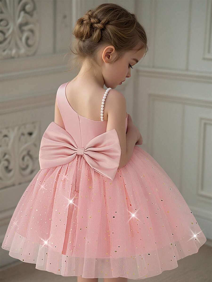 Young Girls' Faux Pearl Shoulder Sequin Mesh Bow Back Elegant Dress, Suitable For Flower Girl, Birthday Party, No Headband Included