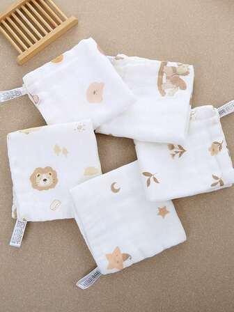 5pcs/Pack Cartoon Animal Pattern Baby Bibs, Newborn Pure Cotton Super Soft Small Handkerchief, Infant Face Towel, Baby Supplies Gauze Towel
