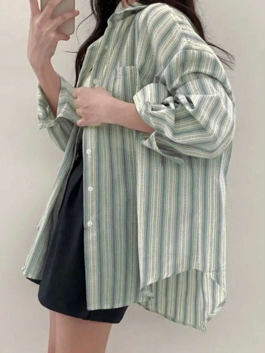 初秋时尚条纹长袖衬衫，女士度假必备 - 藍色 - 查看 1