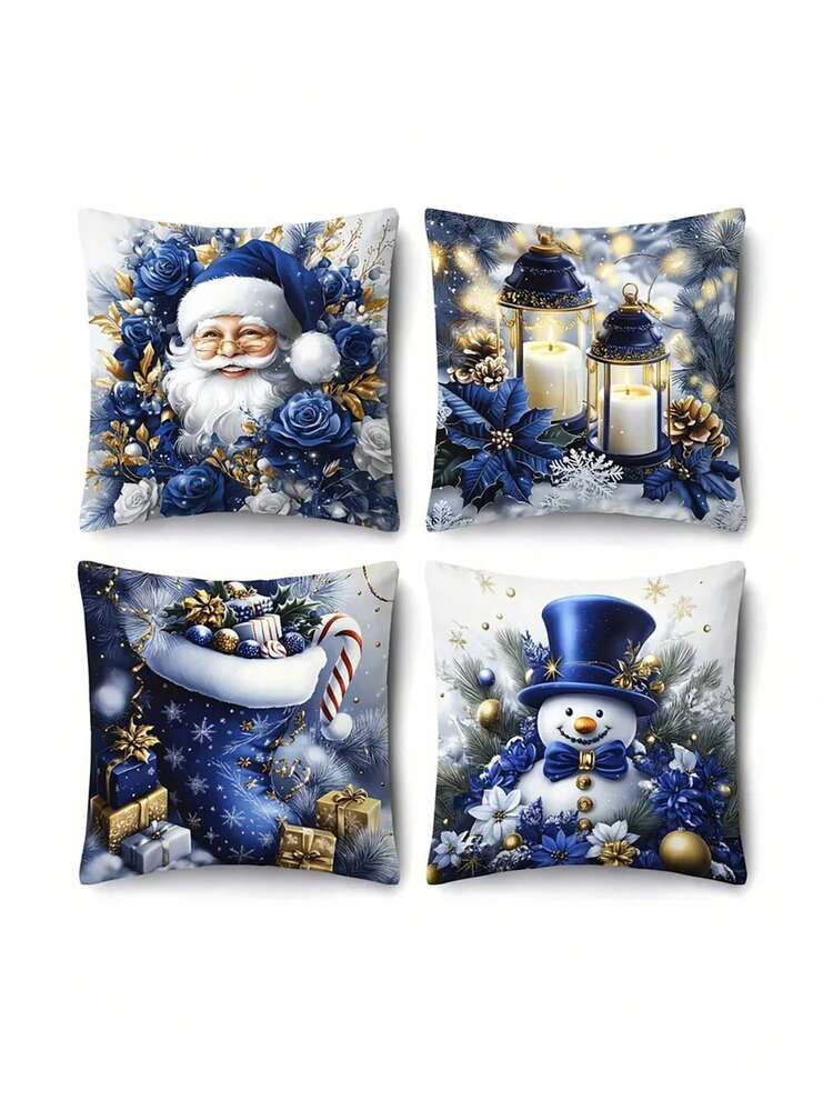 4 件深蓝色圣诞枕套，带有圣诞树和驯鹿，可机洗，17.7X17.7 英寸，带拉链 - 非常适合家庭、汽车、卧室、沙发和办公室装饰。 - 藍色 - 查看 2