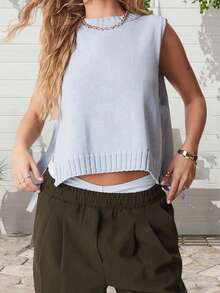 Women's Knit Tank Tops Sleeveless Crew Neck Solid Color Side Tie-Up Loose Fit Vest For Summer Spring Fall - 藍色 - 查看 5