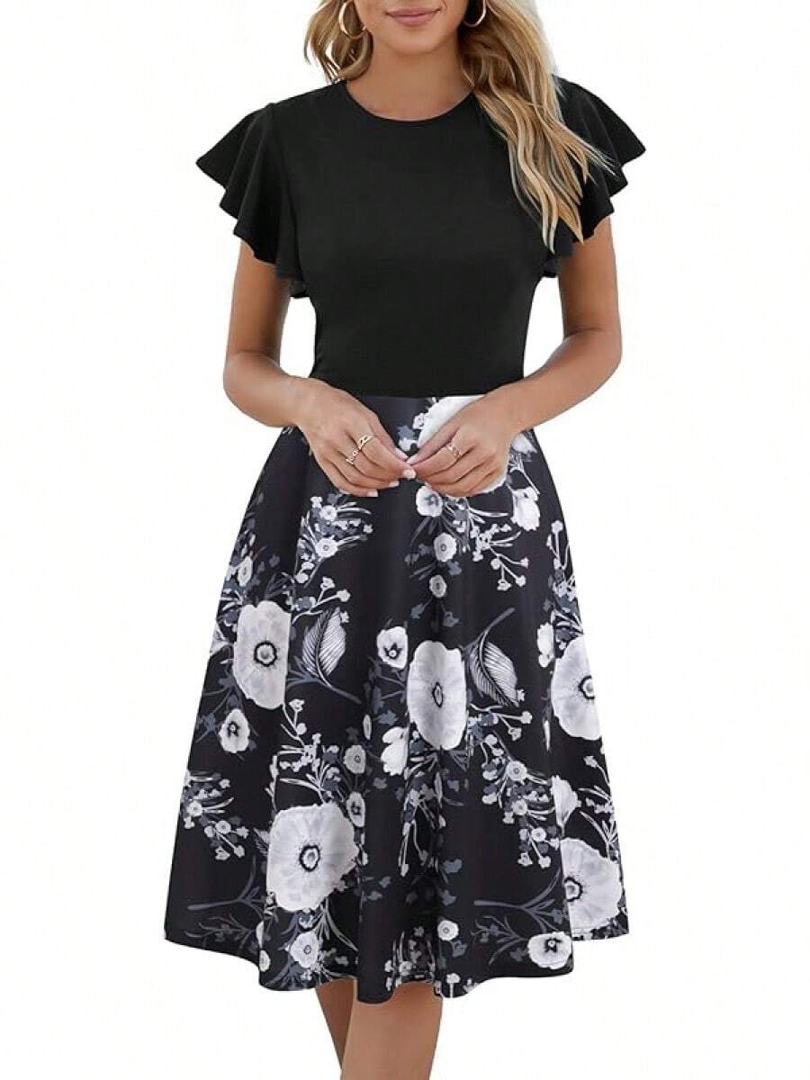 Women's Semi-Formal Ruffle Sleeve V-Back Work Fit And Flare Cocktail Knee Length Dress With Pockets, 2025 Style - 黑色花卉-978 - 查看 1