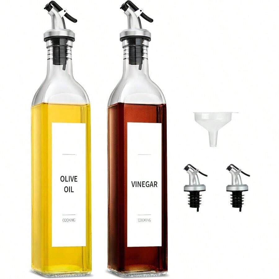 Olive Oil And Vinegar Dispenser Bottle Set, 2Pack Oil And Vinegar Dispenser Bottle, 17oz Kitchen Oil Dispenser, Glass Cooking Oil Dispenser, Glass Bottles Oil With Funnel And Labels - 標準 - 查看 1