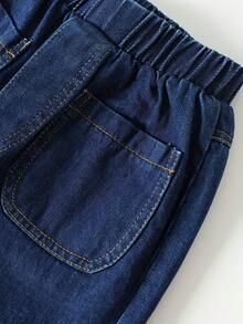 Timzgo 女童休闲牛仔裤,松紧腰带口袋,直筒宽松裤,百搭磨边阔腿裤,适合女孩外出和日常穿着 - 深色水洗藍 - 查看 7