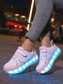 青少年轮滑鞋，带轮鞋，四轮滑鞋，小号四轮鞋，LED充电发光鞋 - 粉色 - 查看 5