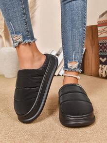 男士绗缝厚底拖鞋，舒适毛绒衬里，厚 EVA 鞋底，男女通用时尚拖鞋 - 黑色 - 查看 5