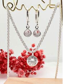 Fashion Sparkling Necklace And Earrings Set With Round  Pendant, 925 Silver Plated - Bạc - Xem 2