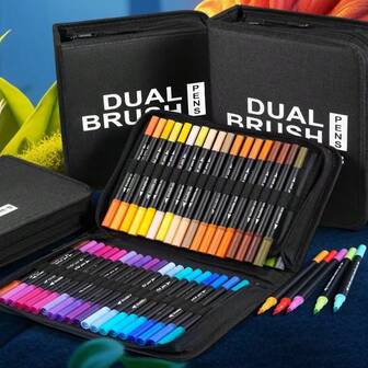 60 件创意手提袋套装，双头水彩笔、彩色勾线笔、软头毛笔，适合绘画，适合万圣节、圣诞节礼物和奖品