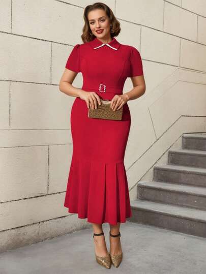 AOMEI Vintage Women's Peter Pan Collar Wear To Work Business Office Wear Outfits Dresses Mermaid Sequined Midi Sheath Dress