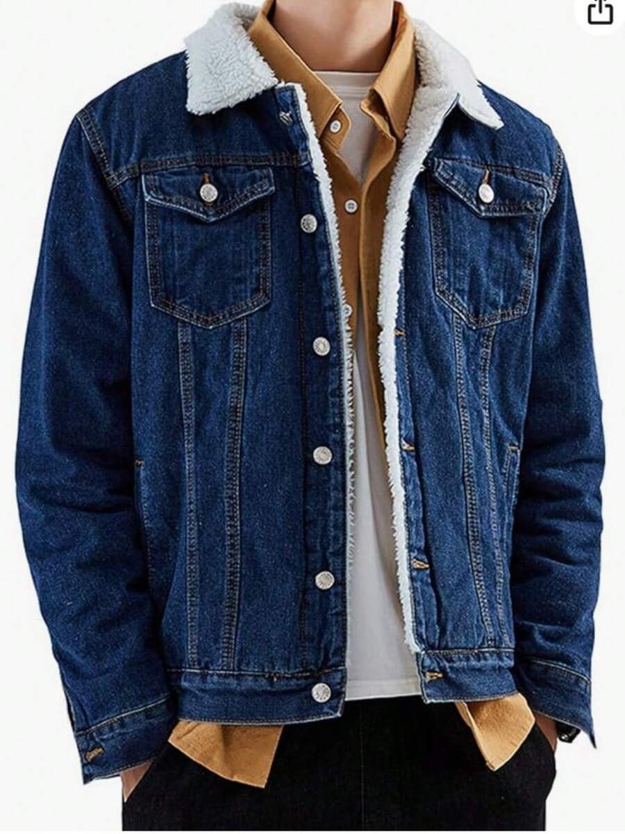 Lamb Wool Denim Cotton-Padded Men's Fleece Thickened Winter Coat Korean Version Is And Loose - B19深藍色加絨 - 查看 1