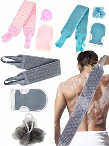 3 قطع مجموعة فرشاة تقشير الجسم - تشمل فرشاة ظهر، قفاز استحمام وإسفنجة استحمام