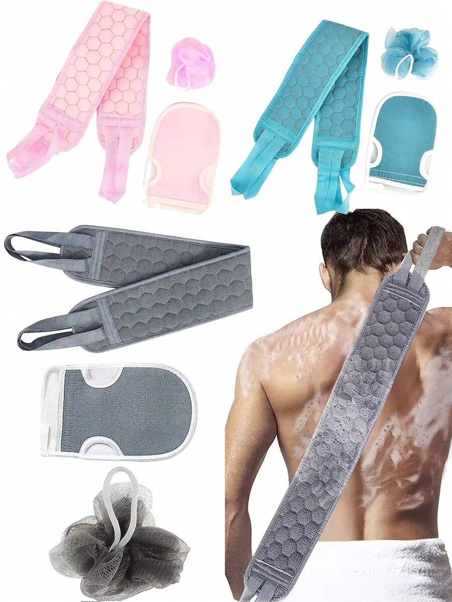 3 قطع مجموعة فرشاة تقشير الجسم - تشمل فرشاة ظهر، قفاز استحمام وإسفنجة استحمام