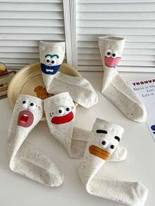 1至5双（随机混装）女士个性傻傻可爱表情波尔卡圆点图案趣味中筒袜，适合日常穿着 - 彩色 - 查看 8