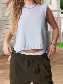 Women's Knit Tank Tops Sleeveless Crew Neck Solid Color Side Tie-Up Loose Fit Vest For Summer Spring Fall - 藍色 - 查看 2