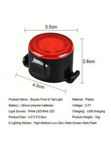 1pc Mini Circular Bicycle Front Light, Rechargeable LED Warning White & Red Tail Light (Not For Illumination) - Red - View 4