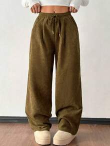 1 件大码女式抽绳灯芯绒阔腿裤，秋冬款