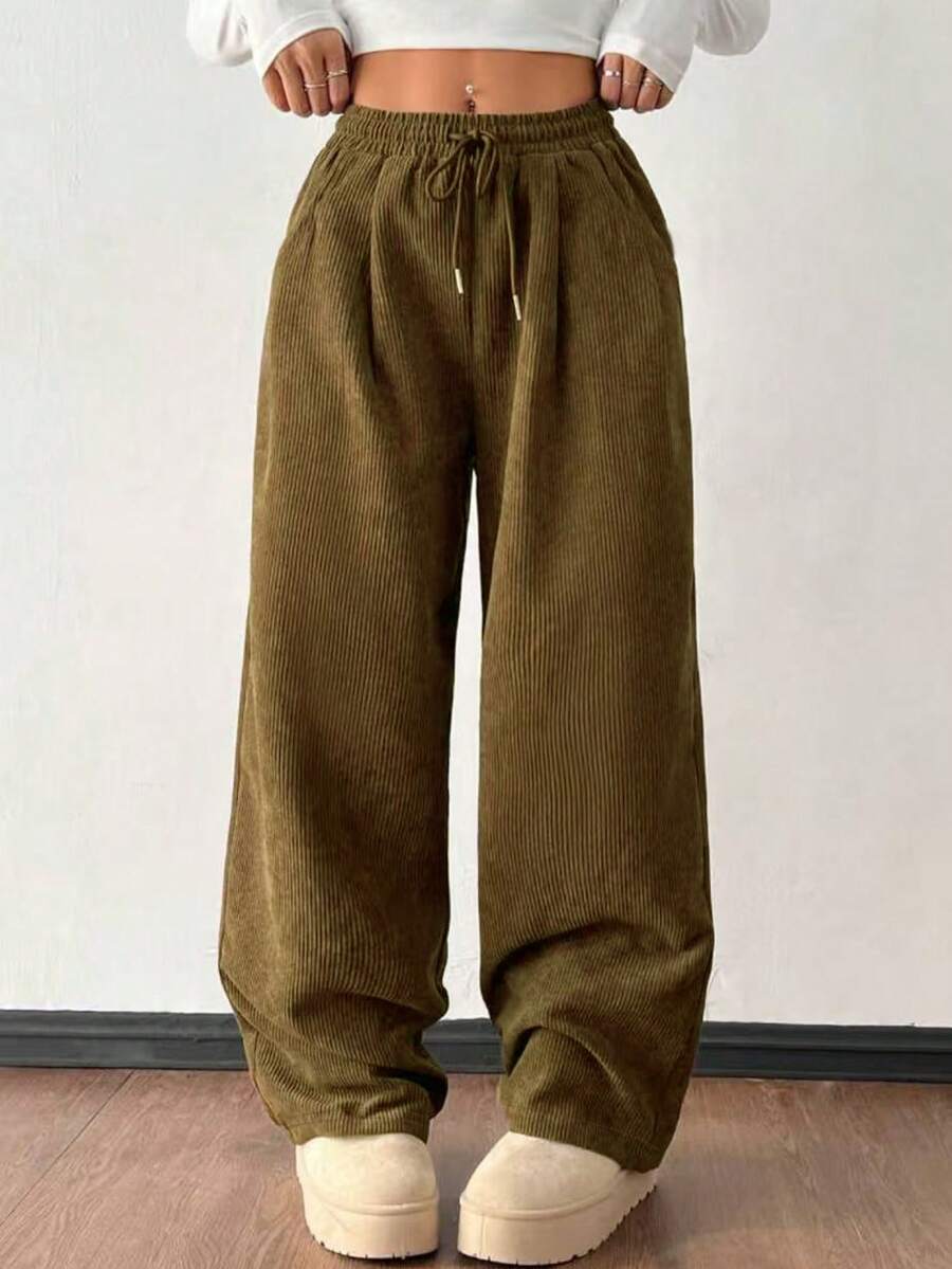 1 件大码女式抽绳灯芯绒阔腿裤，秋冬款