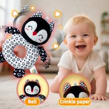 Black & White Animal Baby Teething Rattle Toy With Squeaky Sound - Handheld Sensory Shaker Suitable For Newborns 0-12 Months, Cute Grasping Ring For Early Development