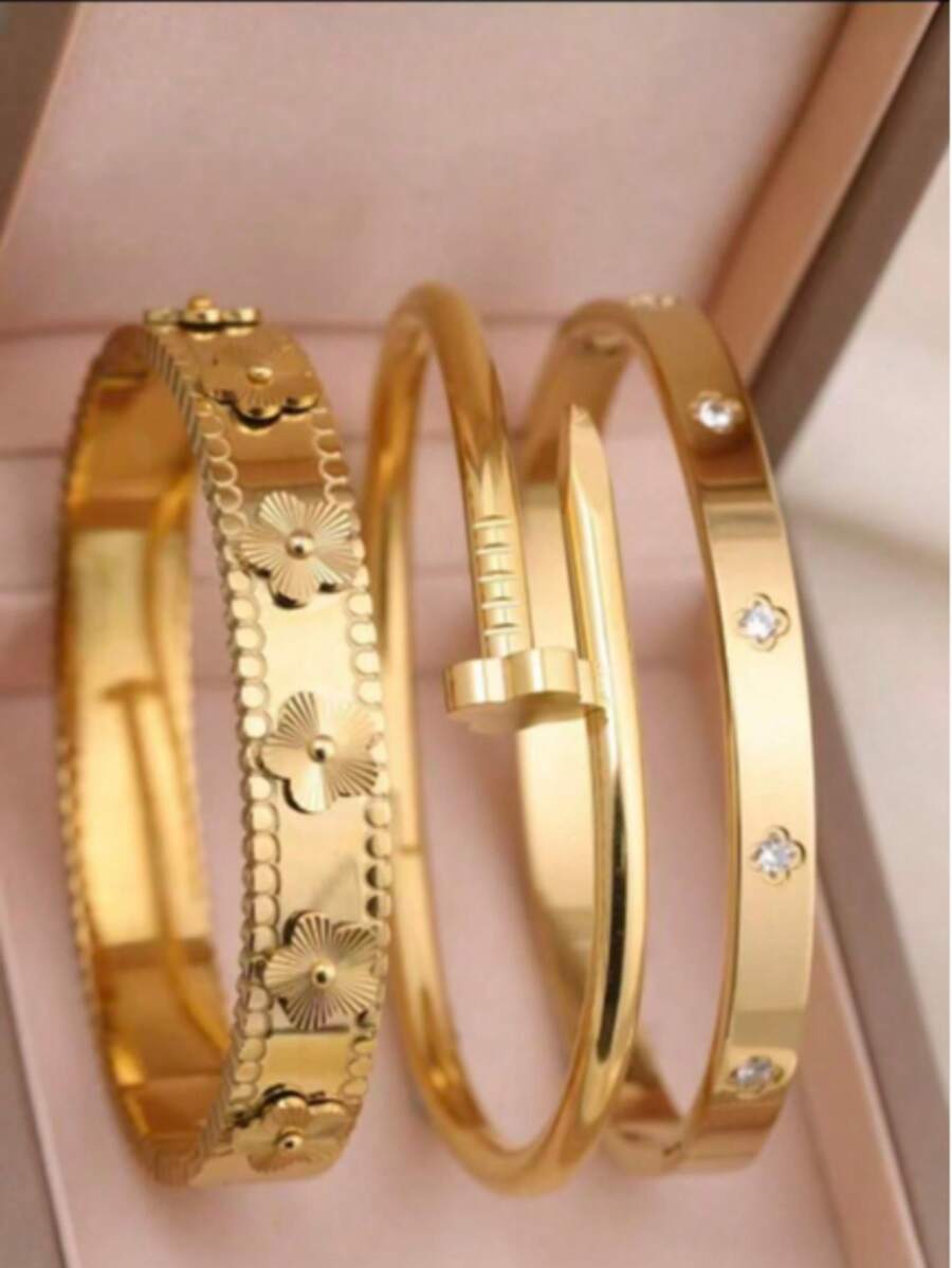 3 Peças Pulseiras Bracelete Floral Banhadas a Ouro 18K em Aço Inoxidável, Incrustadas com Zircônia Cúbica, À Prova d'Água, Joias de Pulso Estilo Europeu para Mulheres, Casual, Casamento, Festa, Dia dos Namorados, Dia das Mães, Presente