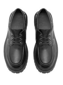 calcena Scarpe da barca da donna con plateau e suola carrarmato, design classico da barca con lacci e occhielli in metallo, comode scarpe mocassino con punta tonda per la scuola, l'università e lo streetwear per tutte le stagioni, moderno stile preppy-utility - nero - Visualizzare 4