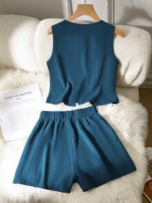 Set de 2 piezas de conjunto informal de mujer de unicolor con nudo, para primavera/verano - Azul - Ver 2