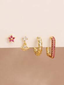 4PCS Minimalist Geometric Stainless Steel Crystal CZ Big Hoop Earrings Ear Stud For Women Fashion 18K Gold Plated Wedding Jewelry Gift