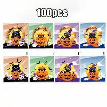 100 túi đựng kẹo ăn vặt phong cách Halloween, túi đựng kẹo tự dính hình lâu đài hoạt hình dễ thương, ma, mèo, bí ngô, túi đựng quà tặng tiệc Halloween - Nhiều màu - Xem 10