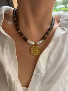 Monlansher Women's Autumn/Winter New Beaded Stainless Steel Round Pendant Necklace, Wooden Beads Paired With Stainless Steel Round Pendant, Fashion Minimalist Everyday Wear Luxury Elegant Beaded Pendant Necklace - Gold - View 12