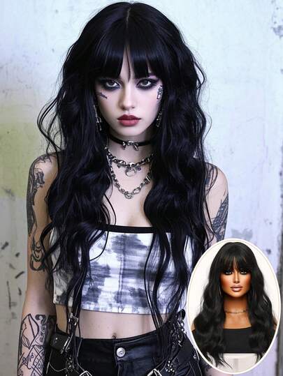clouder Gothic Punk Black Water Wave Curly Wig 26 Inch Long Wavy Wig With Bangs Halloween Christmas Wig Street Punk Wig Women's Synthetic Heat Resistant Fiber Wig Suitable For Daily Cosplay Party Music Festival Wig Avant-Garde Preppy Wig Modern Fashion Punk Wig