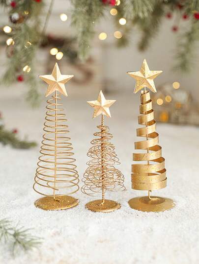 3pcs Golden Mini Christmas Trees Elegant Christmas Tree Tabletop Decorations With Stable Base Vintage Holiday Centerpiece Desktop Shelf Decor Festive Home Accent Christmas Office Home Decoration Christmas Decorations Room Decor Winter Christmas Decorations Home Christmas Gifts Christmas Decor