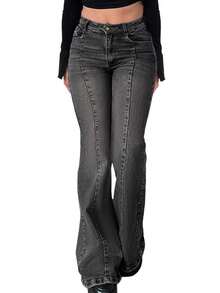 Women Bootcut Jeans Flare Jeans Mid-High Waisted Stretchy Straight Leg Jeans Seamed Front Loose Denim Pants Spring Clothes - 灰色 - 查看 4