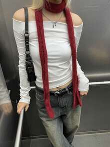 1pc Design Slightly Rolled Edge Thin Scarf Fashion Wear Long Versatile Scarf Thin Narrow Winter Fall - Red - View 4