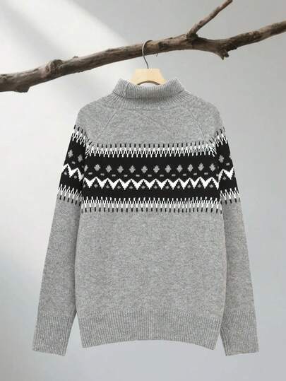 Elegante y de moda Nuevo suéter de punto de cuello alto de manga larga con patrón de contraste para mujeres, de uso diario y casual, con diseño único, moda retro suave, para uso en el aeropuerto, fotos de moda callejera, viajes diarios, festivales