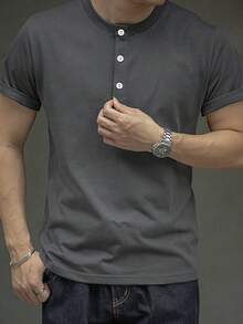 ALTZTAR Men's Casual Versatile Solid Color Henley Neck Short Sleeve T-Shirt - Dark Grey - View 5