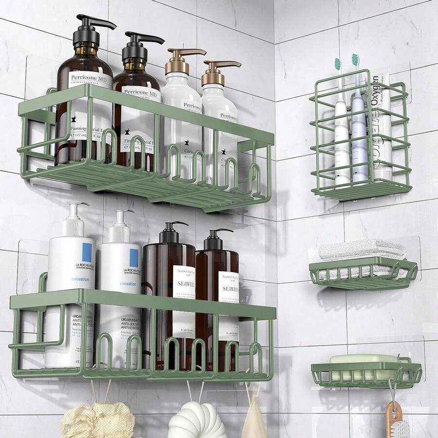 Adhesive Shower Caddy, 5 Pack Rustproof Stainless Steel Bath Organizers With Large Capacity, No Drilling Shelves For Bathroom Storage & Home Decor - 墨綠色 - 查看 1