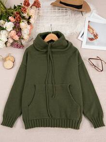 Casual Loose High Neck Drawstring Knit Pullover - Army Green - View 4