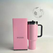 40 Oz Stainless Steel Flat Bottom Cup, Double Wall Vacuum Insulated Portable Drinking Cup, Travel Iced Coffee Cup, Summer Drink Cup With Handle And Straw, Perfect For Travel, Home, Office, Summer Drinks, Hot And Cold Drinks, Valentines - 珊瑚粉 - 查看 1