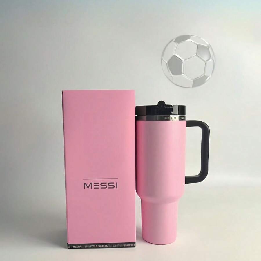 40 Oz Stainless Steel Flat Bottom Cup, Double Wall Vacuum Insulated Portable Drinking Cup, Travel Iced Coffee Cup, Summer Drink Cup With Handle And Straw, Perfect For Travel, Home, Office, Summer Drinks, Hot And Cold Drinks, Valentines - 珊瑚粉 - 查看 1