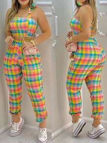 Women's Vibrant Colorful Plaid Set For Elegant June Party - Green Chess - View 3