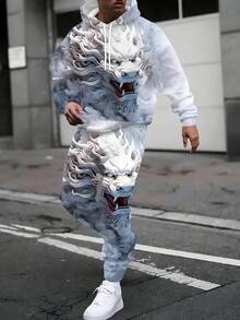 [2-Piece Set] Men's Casual Sports Hooded Sweatshirt, Long-Sleeved Hooded Sweatshirt With Drawstring Trousers, White Dragon Pattern Print Design, Regular Fit, Knit Fabric, 100% Polyester, Bold And Mysterious, Streetwear, Suitable For Various Scenes Such As Outdoor, Daily Life, And Party - 白色 - 查看 1