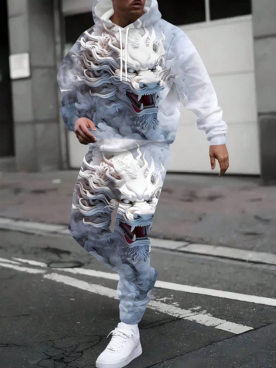 [2-Piece Set] Men's Casual Sports Hooded Sweatshirt, Long-Sleeved Hooded Sweatshirt With Drawstring Trousers, White Dragon Pattern Print Design, Regular Fit, Knit Fabric, 100% Polyester, Bold And Mysterious, Streetwear, Suitable For Various Scenes Such As Outdoor, Daily Life, And Party - 白色 - 查看 1
