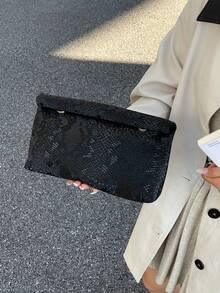 Túi xách thời trang màu trơn, chất liệu PU, dung tích lớn, nắp gập khóa nam châm, túi vuông nhỏ, họa tiết da cá sấu, túi đa năng dự tiệc, dạ hội, thích hợp cho phụ nữ đi du lịch và mua sắm. - màu đen - Xem 9