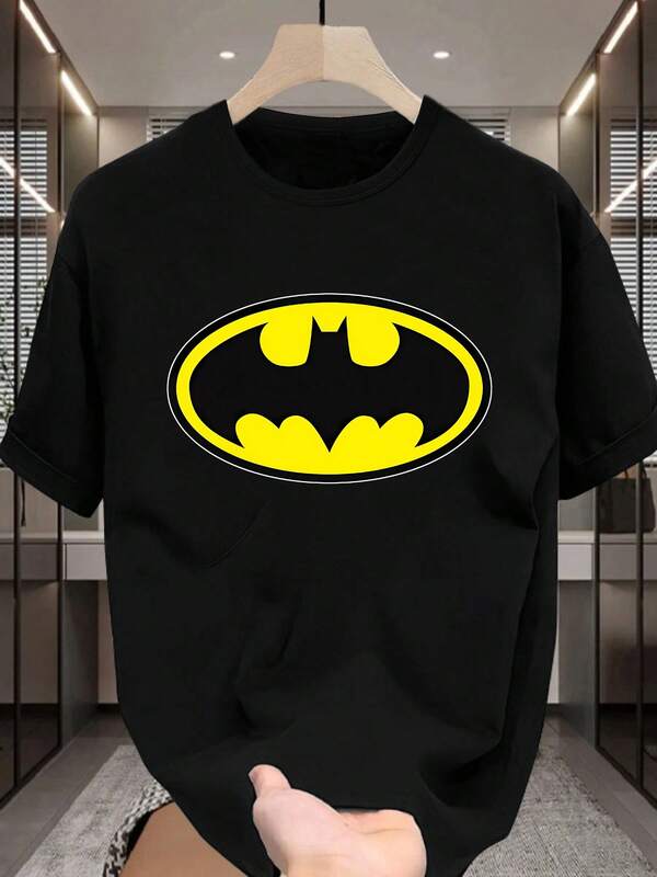 Warner Bros Men's Warner Bros. "Batman" Cartoon Graphic Print Crew Neck Short Sleeve T-Shirt, Men's Casual Fashion T-Shirt, Slightly Stretchy, Non-Transparent, Easy Care Fabric, Suitable For Daily Wear, Men's Short Sleeve T-Shirt, Suitable For All Seasons