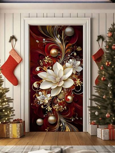 1 件优雅花卉门罩，涤纶，70.8 英寸 * 35.4 英寸，带白色花朵和金色装饰，奢华深红色涤纶面料节日门帘，浮雕卷边串珠艺术图案，适用于圣诞节家居墙面装饰、圣诞派对用品，