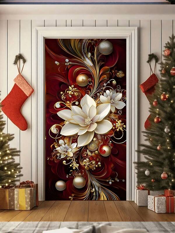 1 pièce de couverture de porte florale élégante, en polyester, 180 cm x 90 cm, avec des fleurs blanches et une décoration dorée, rideau de porte en polyester rouge foncé luxueux, motif d'art perlé gaufré, convient pour la décoration murale de Noël, fournitures pour fête de Noël